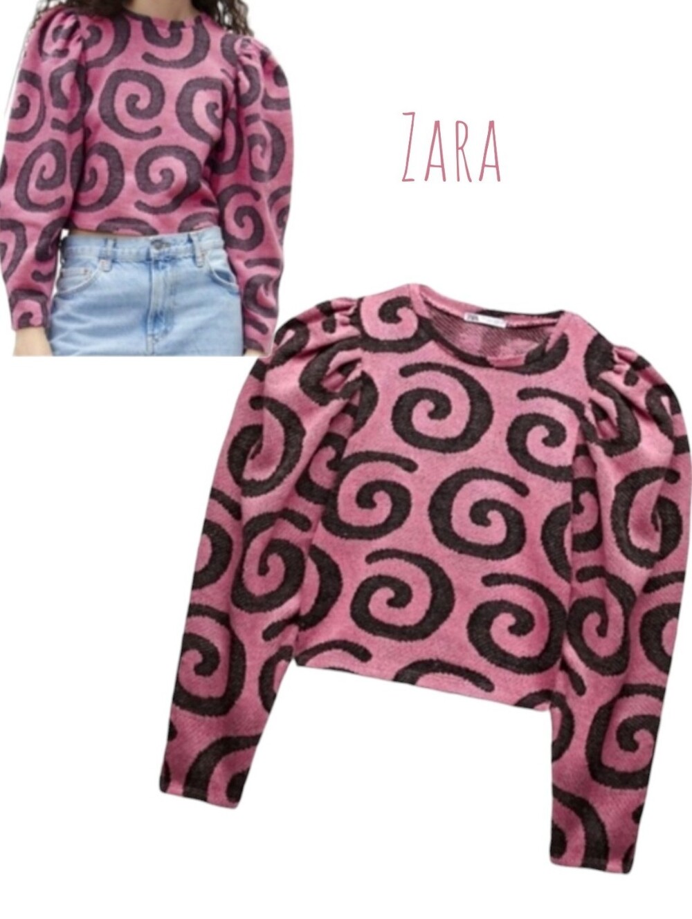 Zara Pink Blk Jacquard Swirl Print Balloon Sleeve Sweater Knit Retro Pullover S
